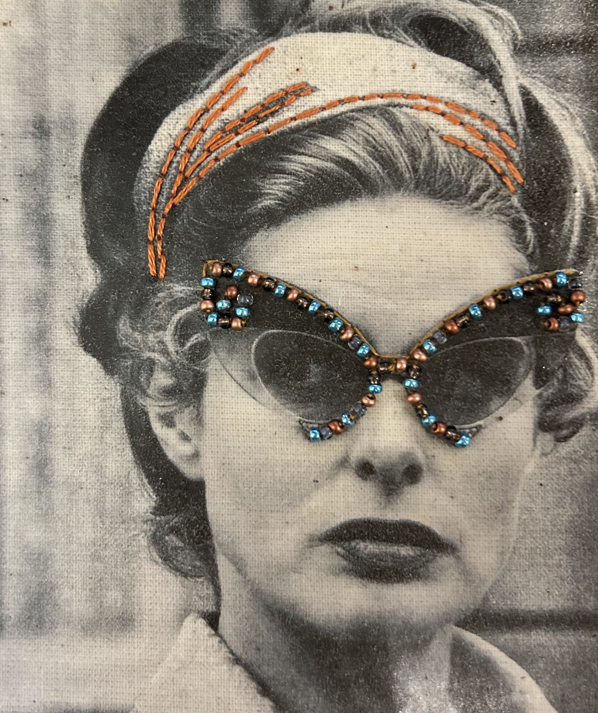 “Cat-Eye Confidence” – Beaded Embroidery on Vintage Photograph