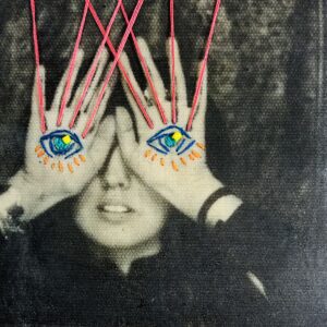 Vision Study , 2025 – Hand Embroidered Portrait of a Bauhaus Artist | Surreal Textile Art | Fiber and Photo Mixed Media | Modernist Embroidery