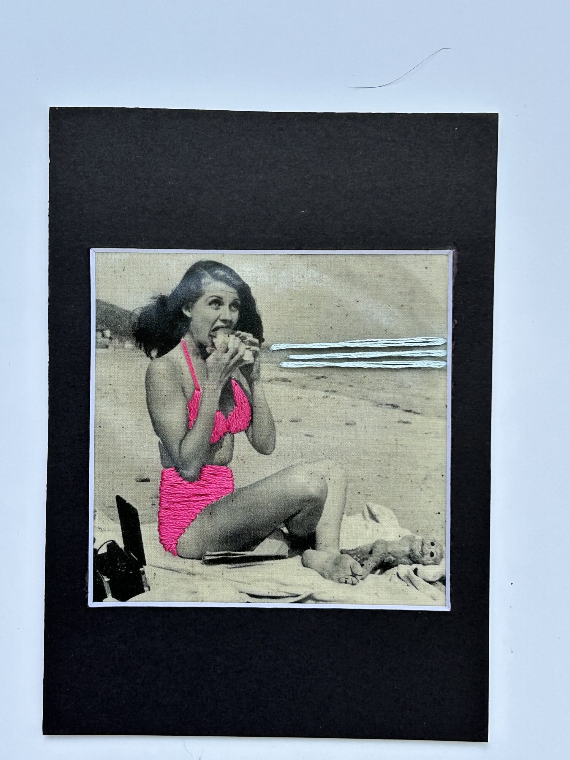 Hot Dog Summer, 2025 – Embroidered Vintage Beach Photo | Retro Swimsuit Wall Art | Mixed Media Pop Art Textile | Feminist Humor Decor - Image 2