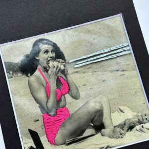Hot Dog Summer, 2025 – Embroidered Vintage Beach Photo | Retro Swimsuit Wall Art | Mixed Media Pop Art Textile | Feminist Humor Decor
