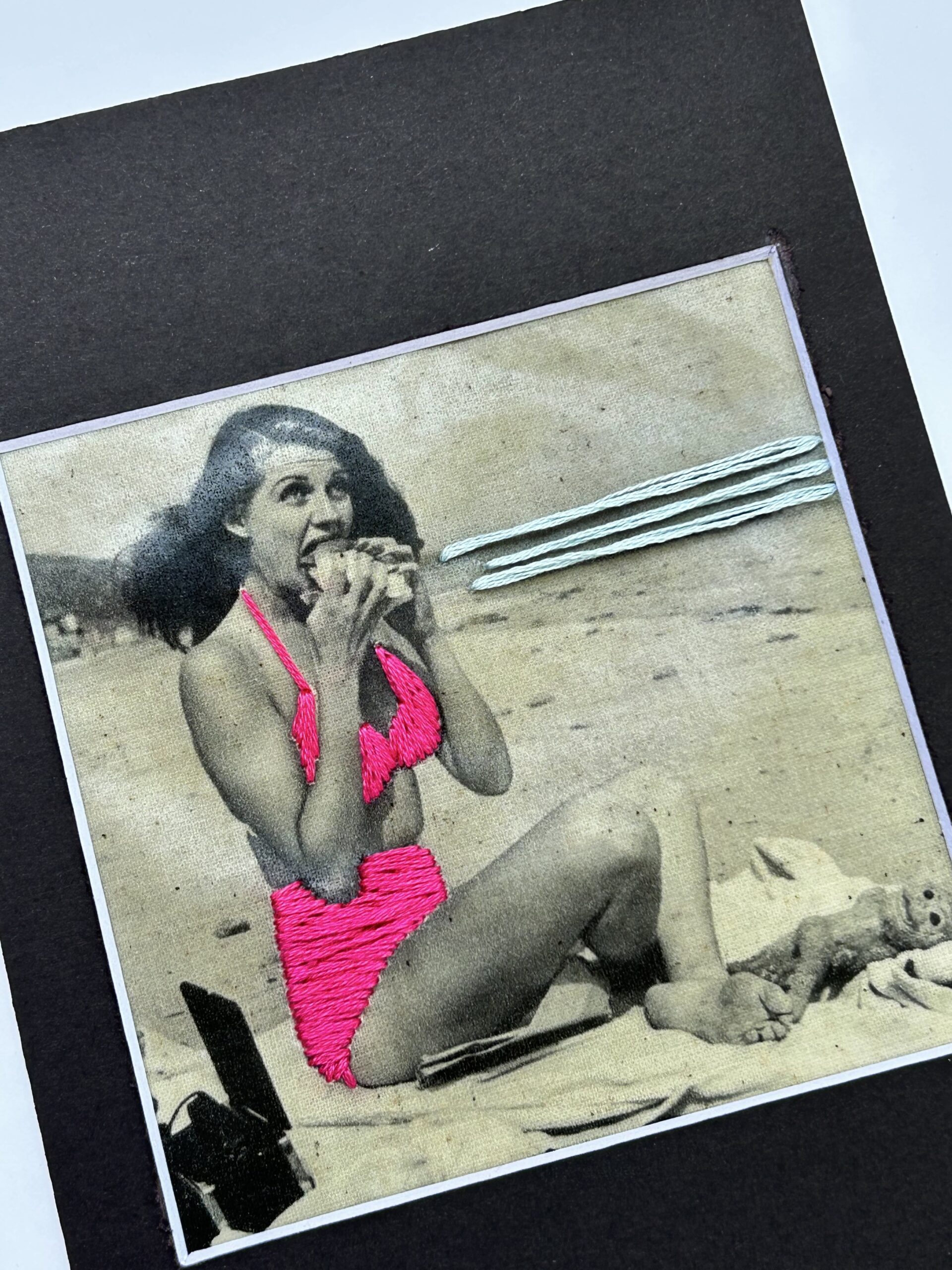 Hot Dog Summer, 2025 – Embroidered Vintage Beach Photo | Retro Swimsuit Wall Art | Mixed Media Pop Art Textile | Feminist Humor Decor