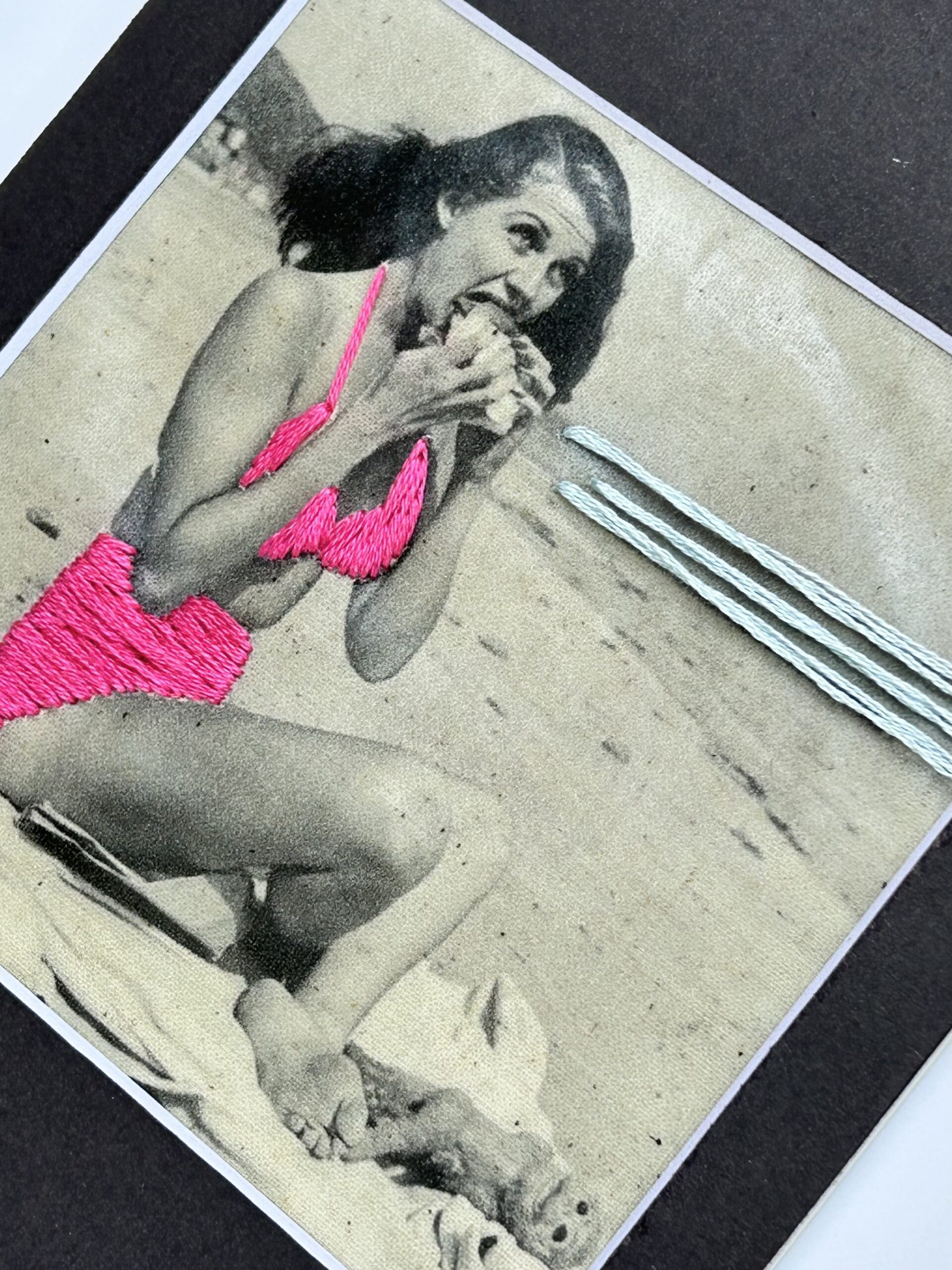 Hot Dog Summer, 2025 – Embroidered Vintage Beach Photo | Retro Swimsuit Wall Art | Mixed Media Pop Art Textile | Feminist Humor Decor - Image 3
