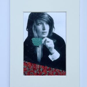 Tea Among the Roses , 2024 – Embroidered Portrait Art | Vintage Feminist Wall Decor | Mixed Media Textile with French Knot Embroidery