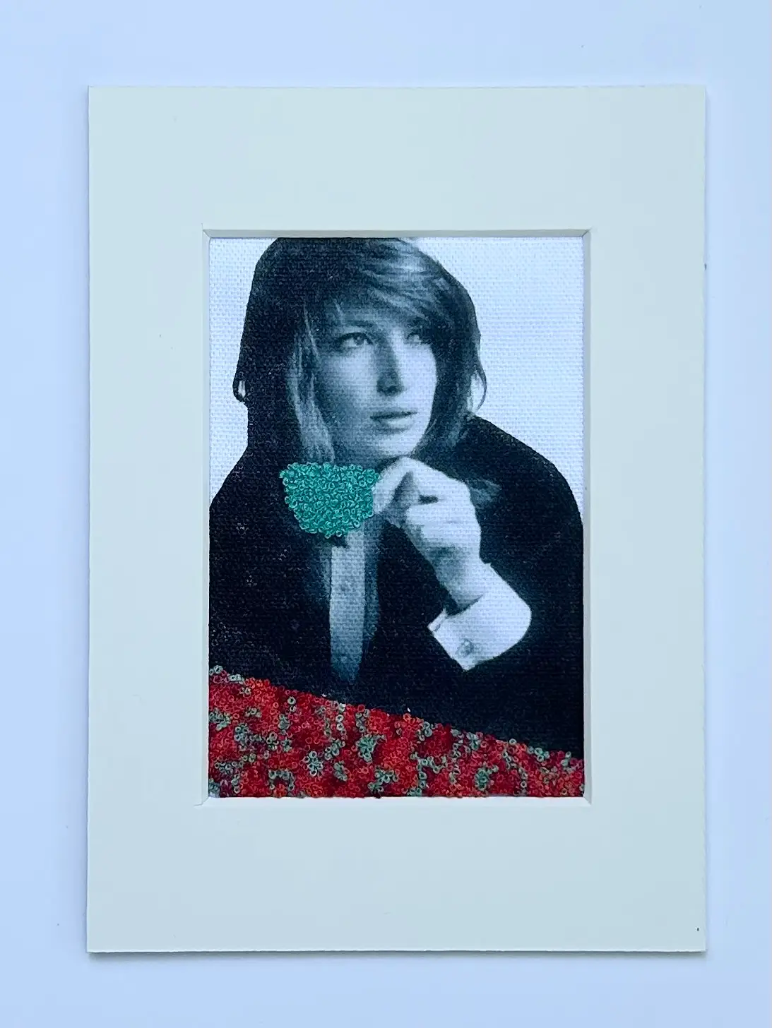 Tea Among the Roses , 2024 – Embroidered Portrait Art | Vintage Feminist Wall Decor | Mixed Media Textile with French Knot Embroidery