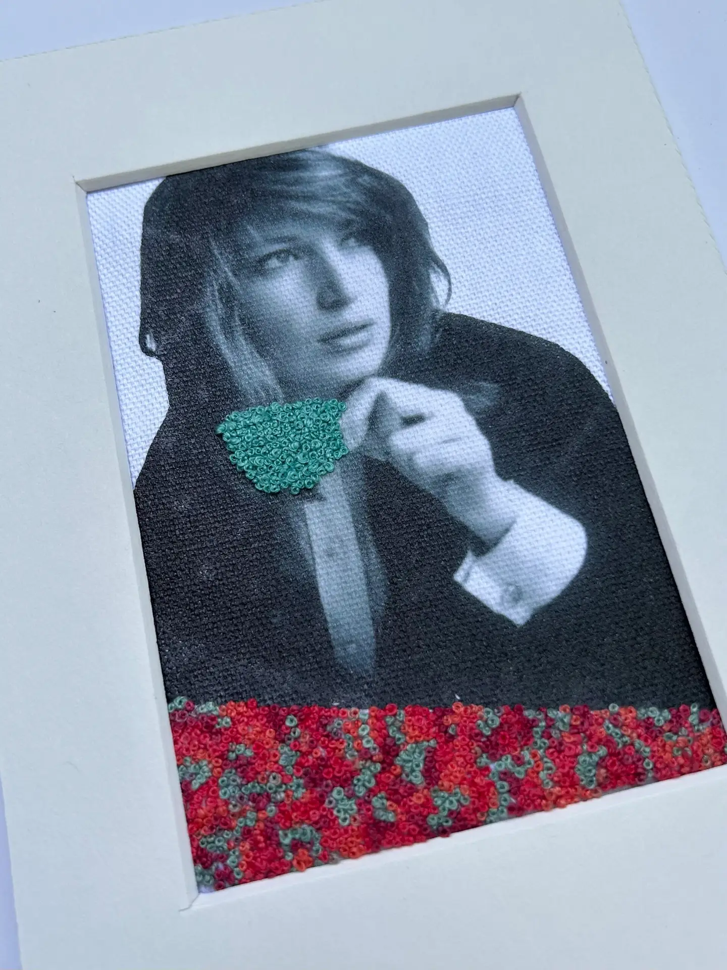 Tea Among the Roses , 2024 – Embroidered Portrait Art | Vintage Feminist Wall Decor | Mixed Media Textile with French Knot Embroidery - Image 2