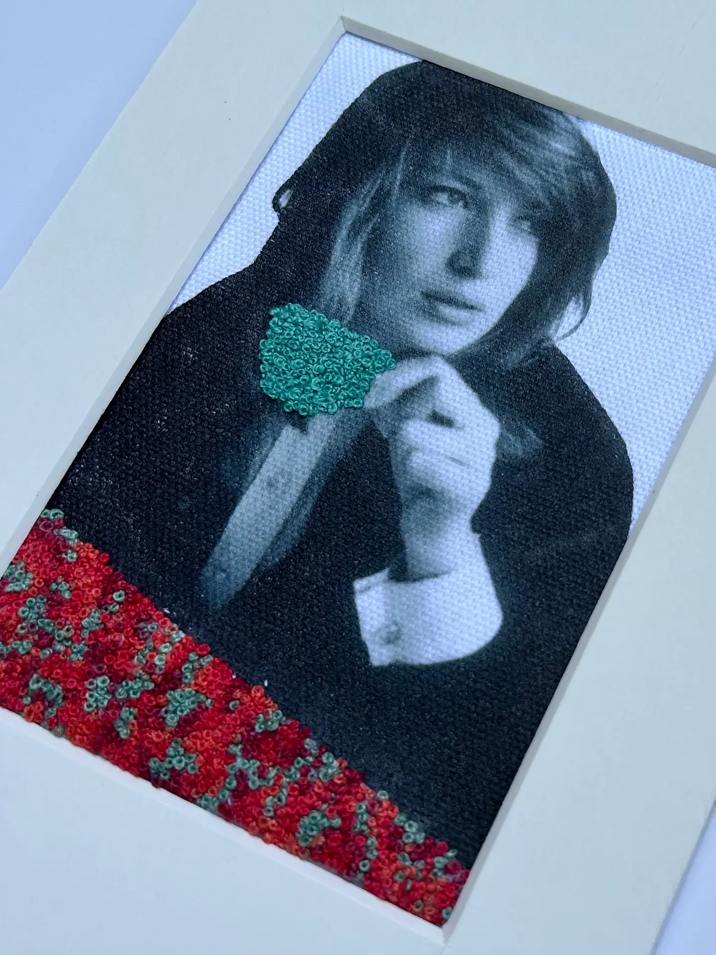 Tea Among the Roses , 2024 – Embroidered Portrait Art | Vintage Feminist Wall Decor | Mixed Media Textile with French Knot Embroidery - Image 5