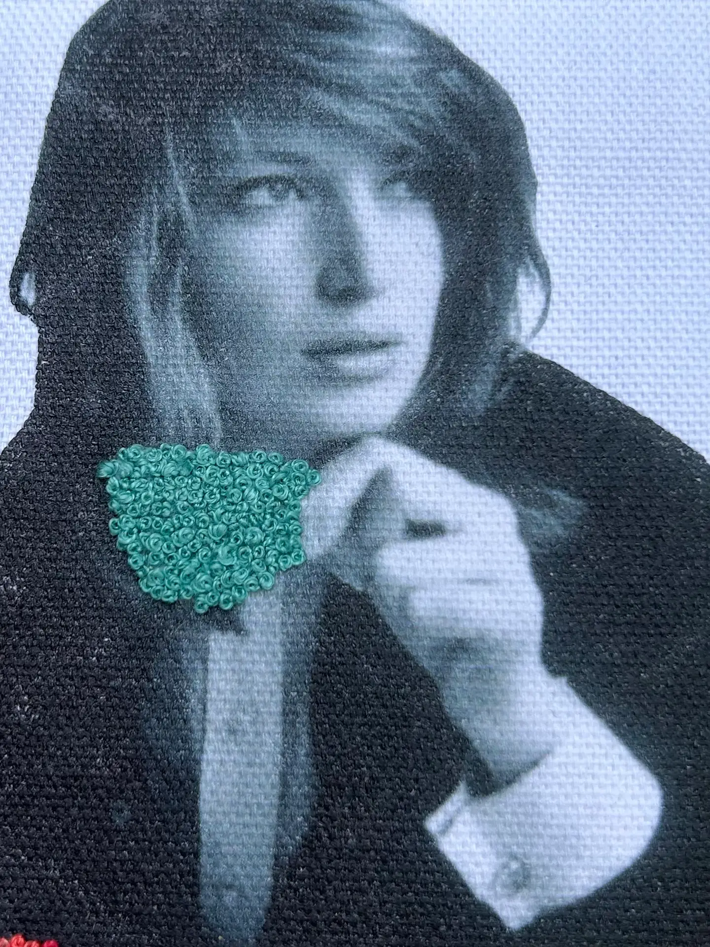 Tea Among the Roses , 2024 – Embroidered Portrait Art | Vintage Feminist Wall Decor | Mixed Media Textile with French Knot Embroidery - Image 4