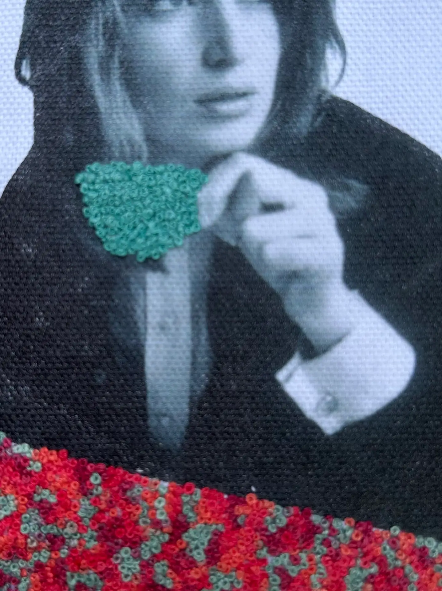 Tea Among the Roses , 2024 – Embroidered Portrait Art | Vintage Feminist Wall Decor | Mixed Media Textile with French Knot Embroidery - Image 3