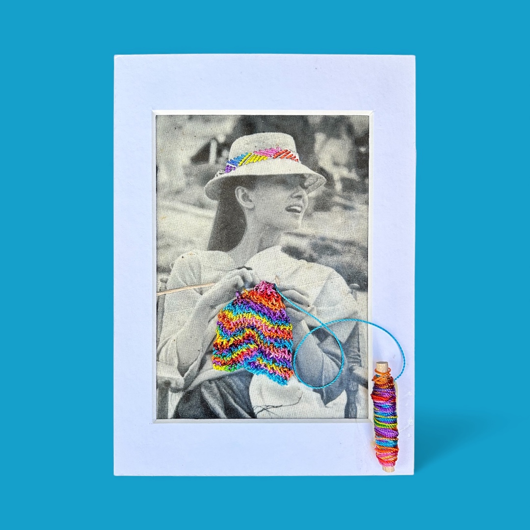 Audrey Hepburn Knitting- Mixed Media Embroidery Art on Fabric