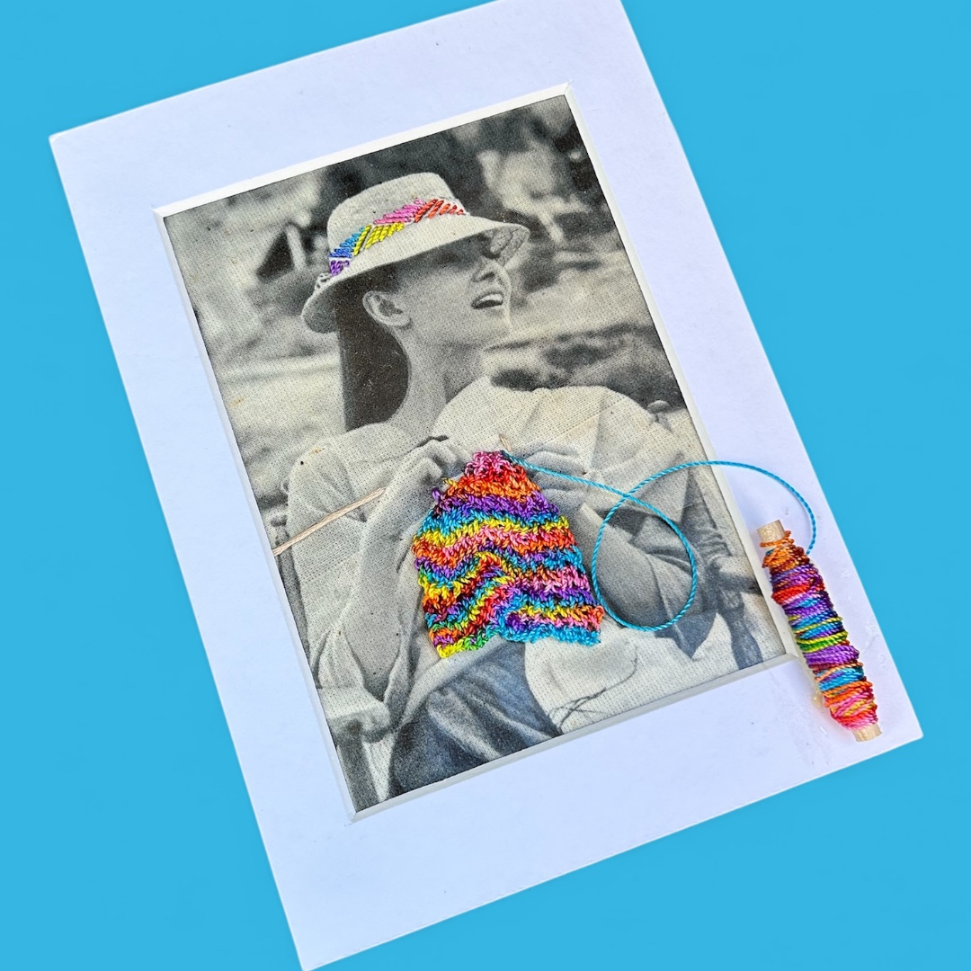 Audrey Hepburn Knitting- Mixed Media Embroidery Art on Fabric - Image 2