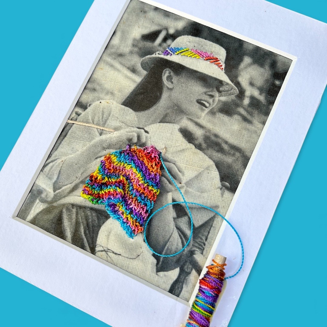 Audrey Hepburn Knitting- Mixed Media Embroidery Art on Fabric - Image 4