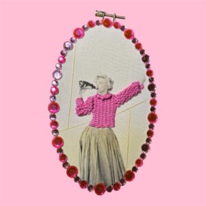 “Pink Soda Pop” – Mixed-Media Embroidered Vintage Photo Art (Beaded Oval Frame)