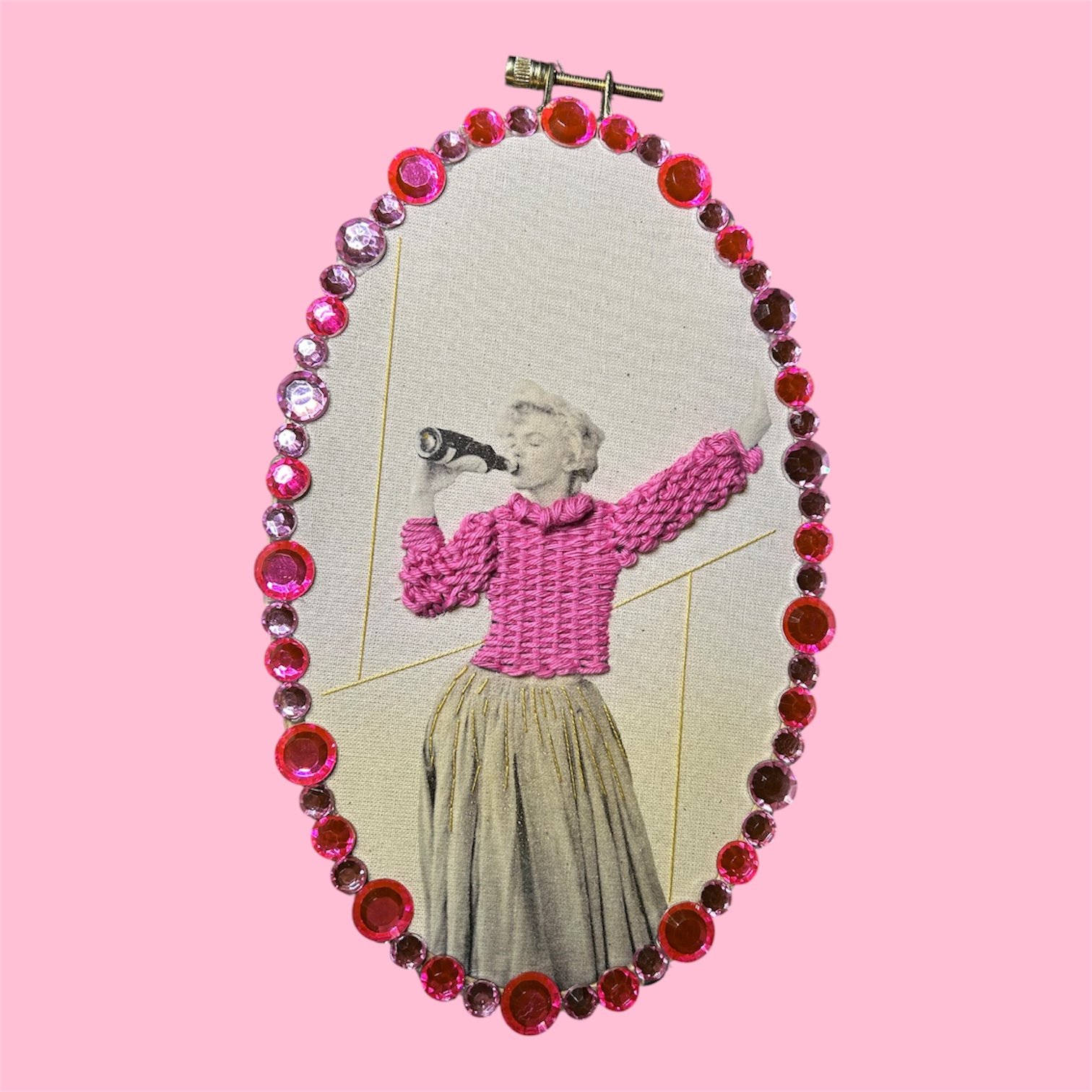“Pink Soda Pop” – Mixed-Media Embroidered Vintage Photo Art (Beaded Oval Frame)