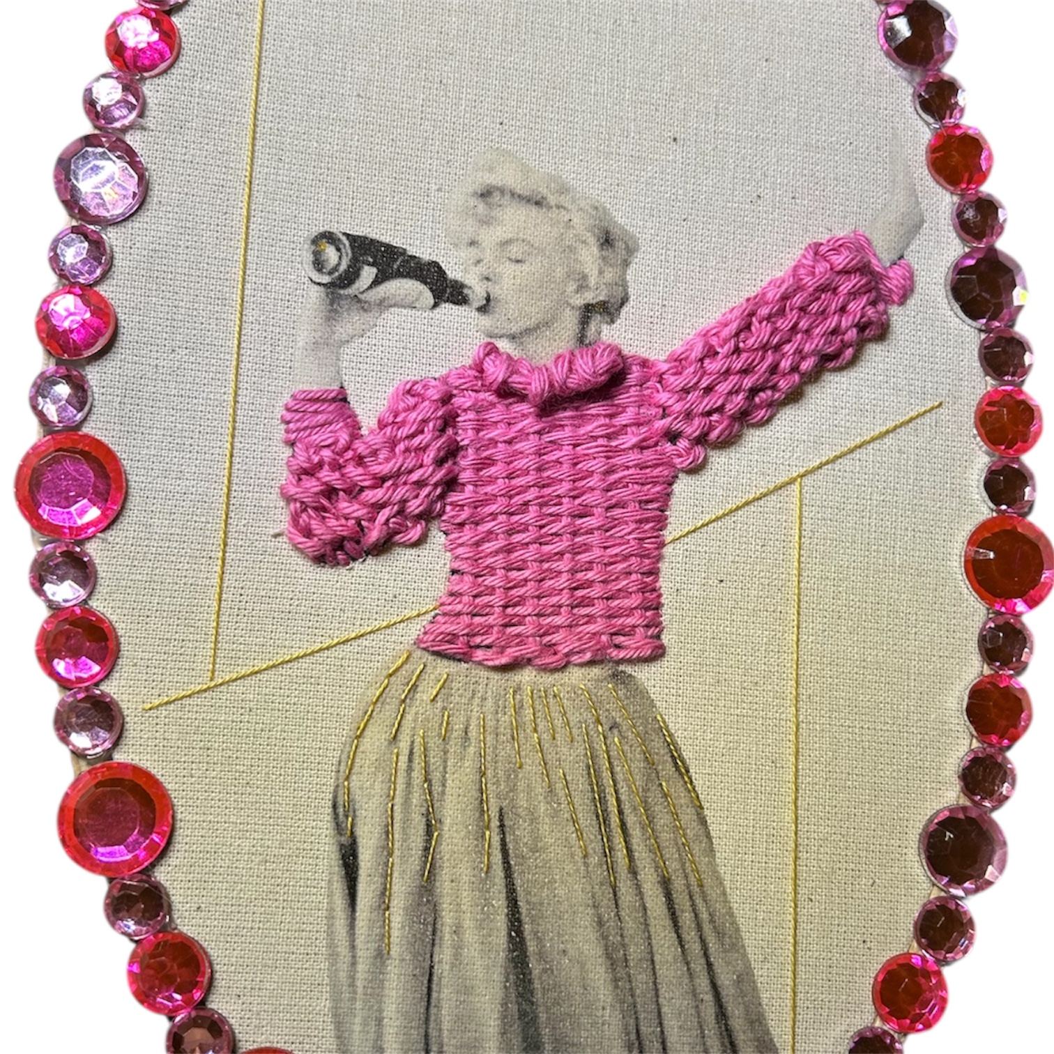 “Pink Soda Pop” – Mixed-Media Embroidered Vintage Photo Art (Beaded Oval Frame) - Image 2
