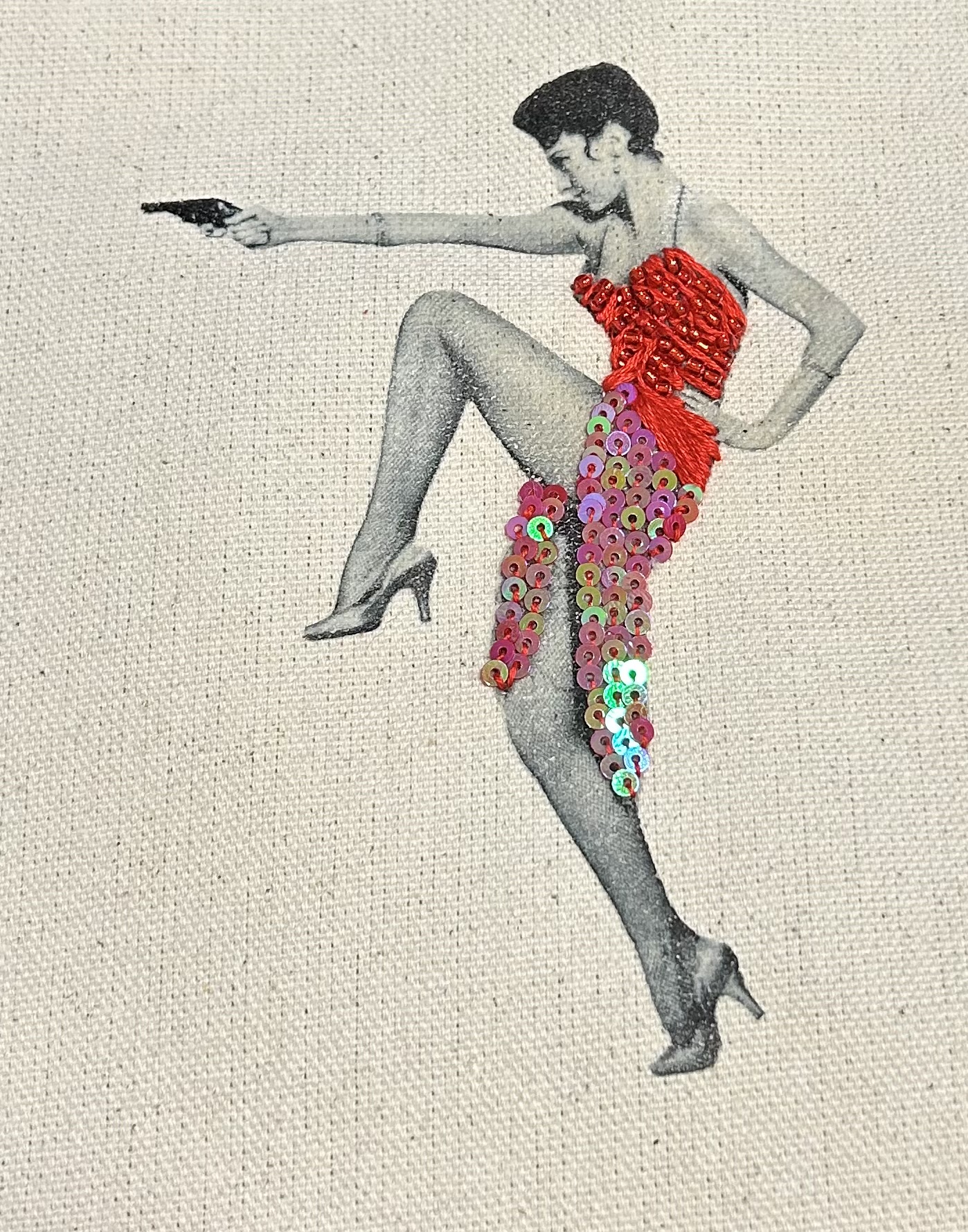 She Shoots First – Hand-Embroidered Vintage Film Collage Fiber Art
