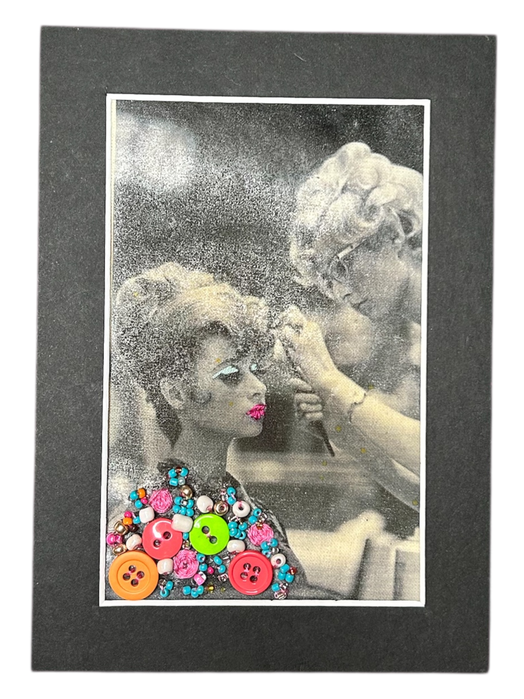 Hand-Embellished Vintage Beauty Portrait – Button & Beaded Collar - Image 2
