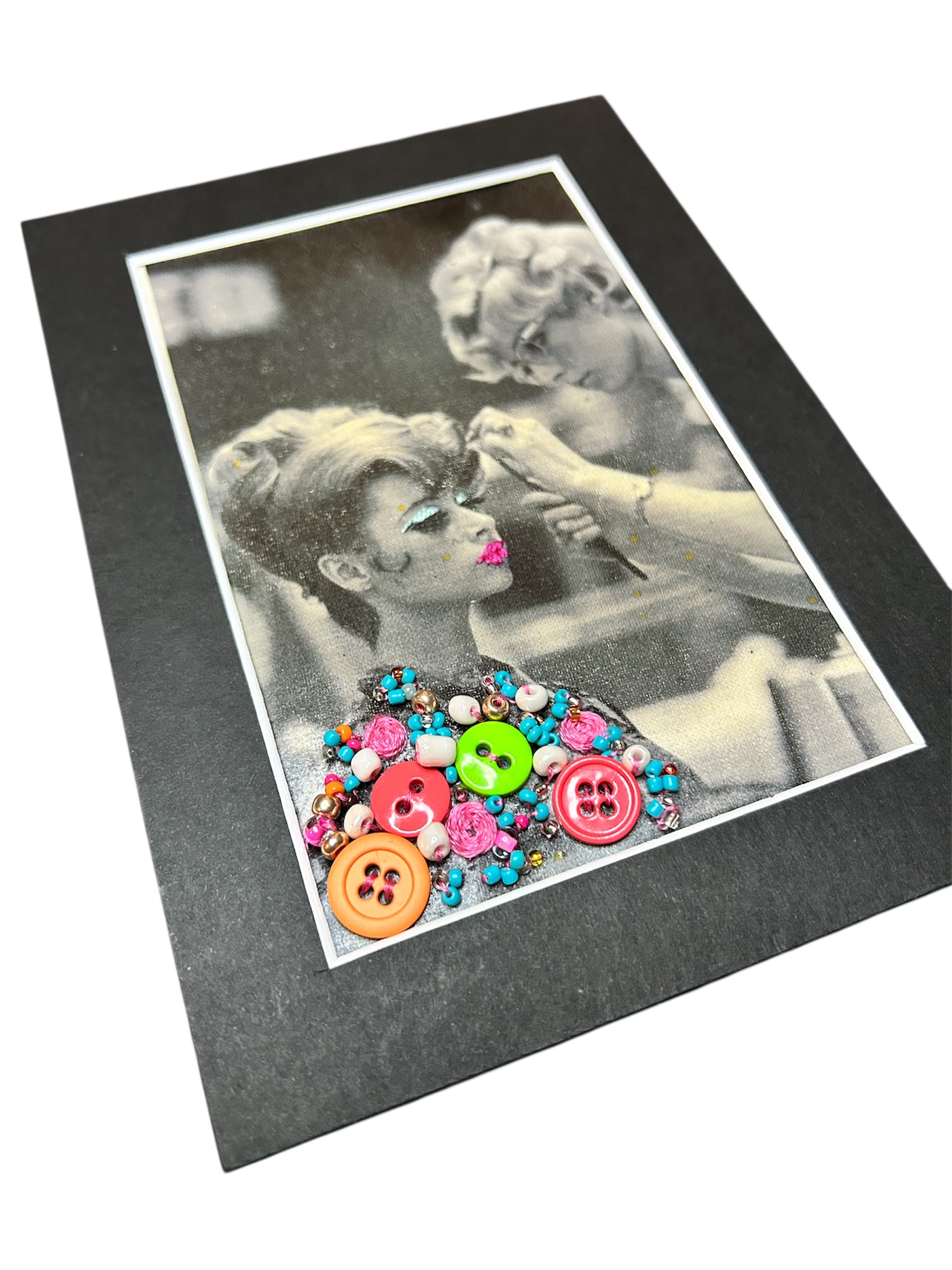 Hand-Embellished Vintage Beauty Portrait – Button & Beaded Collar