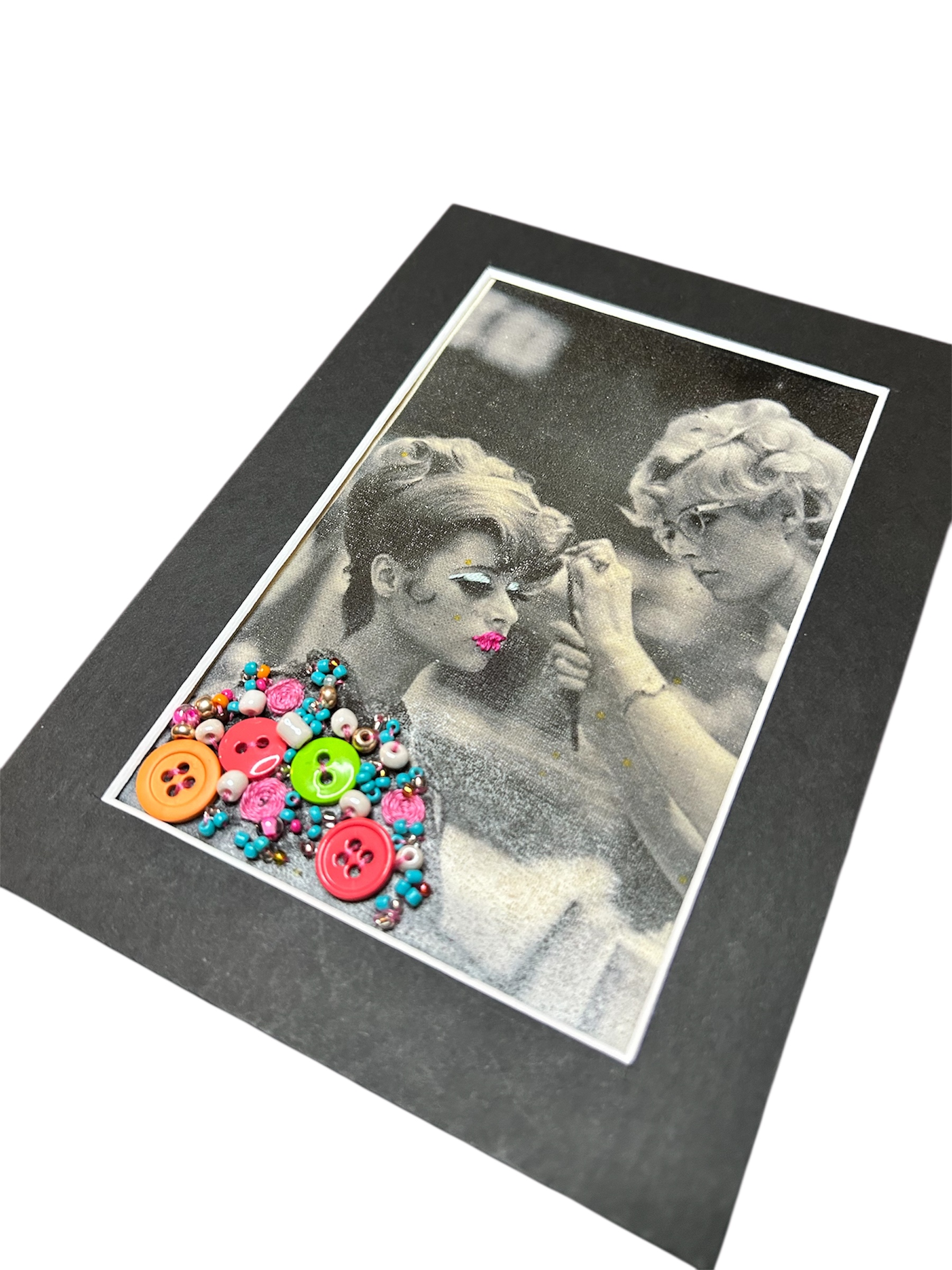 Hand-Embellished Vintage Beauty Portrait – Button & Beaded Collar - Image 3