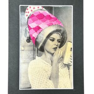 Hand-Embroidered Vintage Portrait – Pink Argyle Hair Dryer Cap