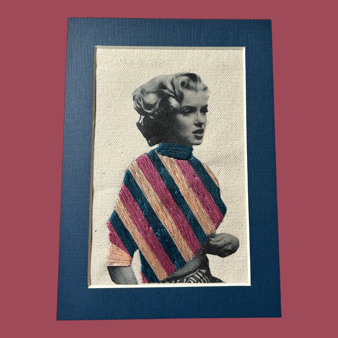 Marilyn Monroe Embroidery Art – Old Hollywood Portrait – Hand Embroidered Textile Artwork – Vintage Film Star Wall Art – Mixed Media Fiber Art