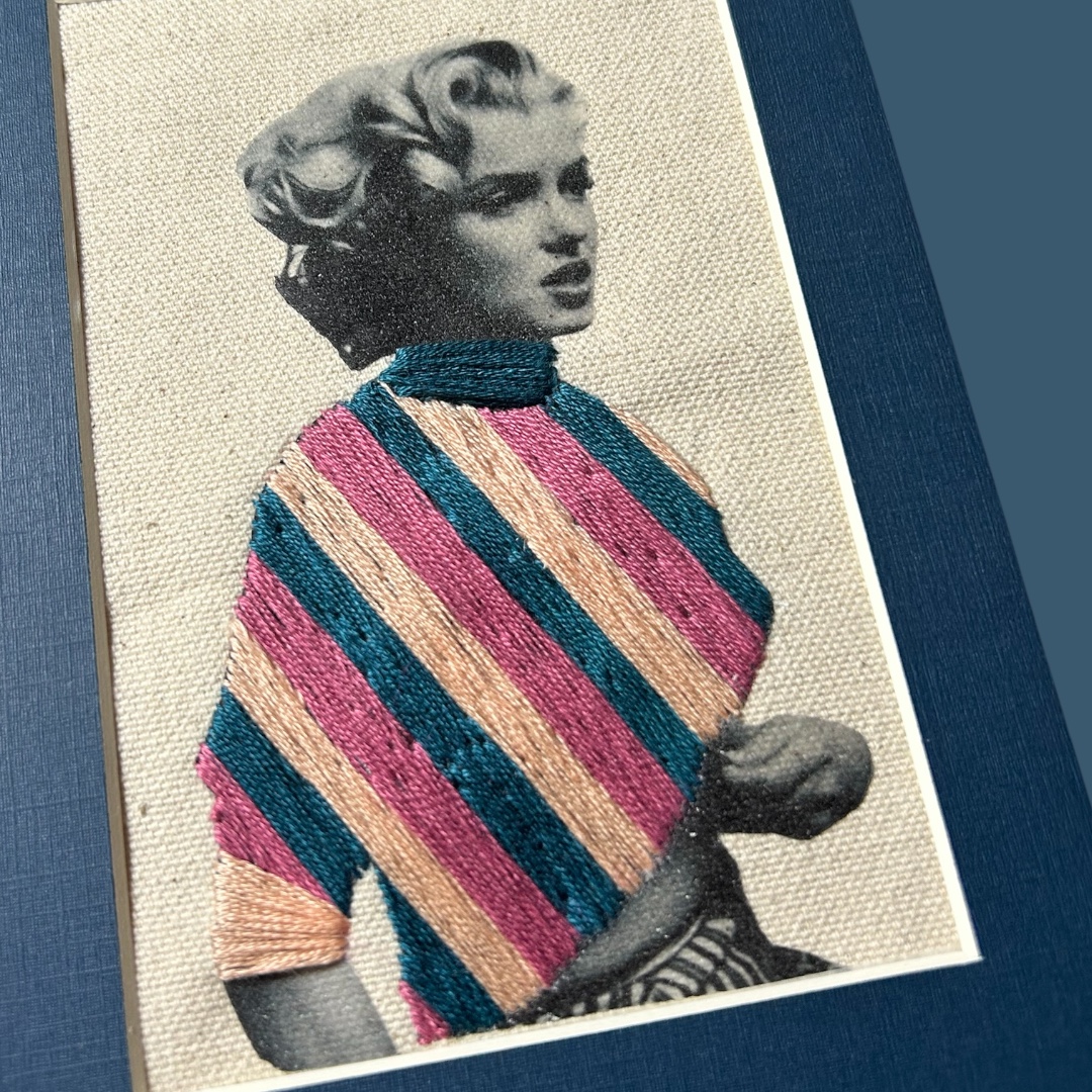 Marilyn Monroe Embroidery Art – Old Hollywood Portrait – Hand Embroidered Textile Artwork – Vintage Film Star Wall Art – Mixed Media Fiber Art - Image 3
