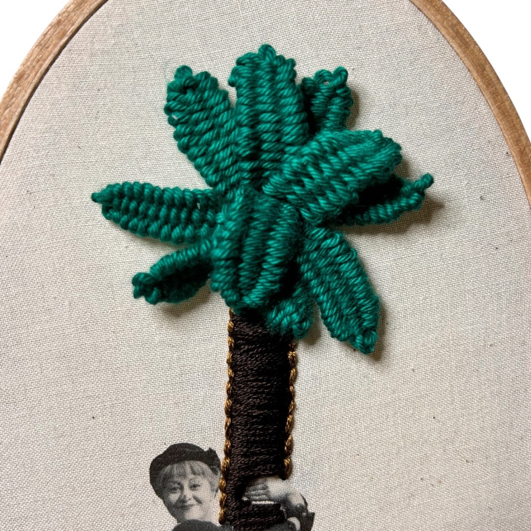La Strada Surreal Palm Tree Embroidery Art – Vintage Photograph Mixed Media Textile | Handmade Fiber Art Wall Hanging - Image 2