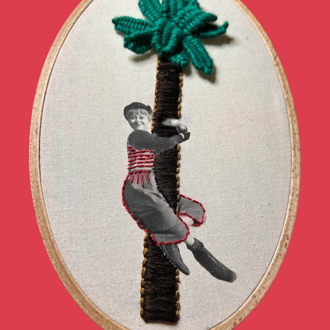 La Strada Surreal Palm Tree Embroidery Art – Vintage Photograph Mixed Media Textile | Handmade Fiber Art Wall Hanging