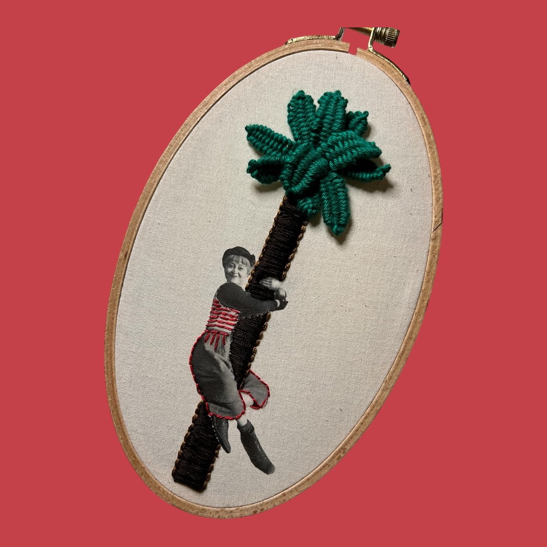 La Strada Surreal Palm Tree Embroidery Art – Vintage Photograph Mixed Media Textile | Handmade Fiber Art Wall Hanging - Image 4