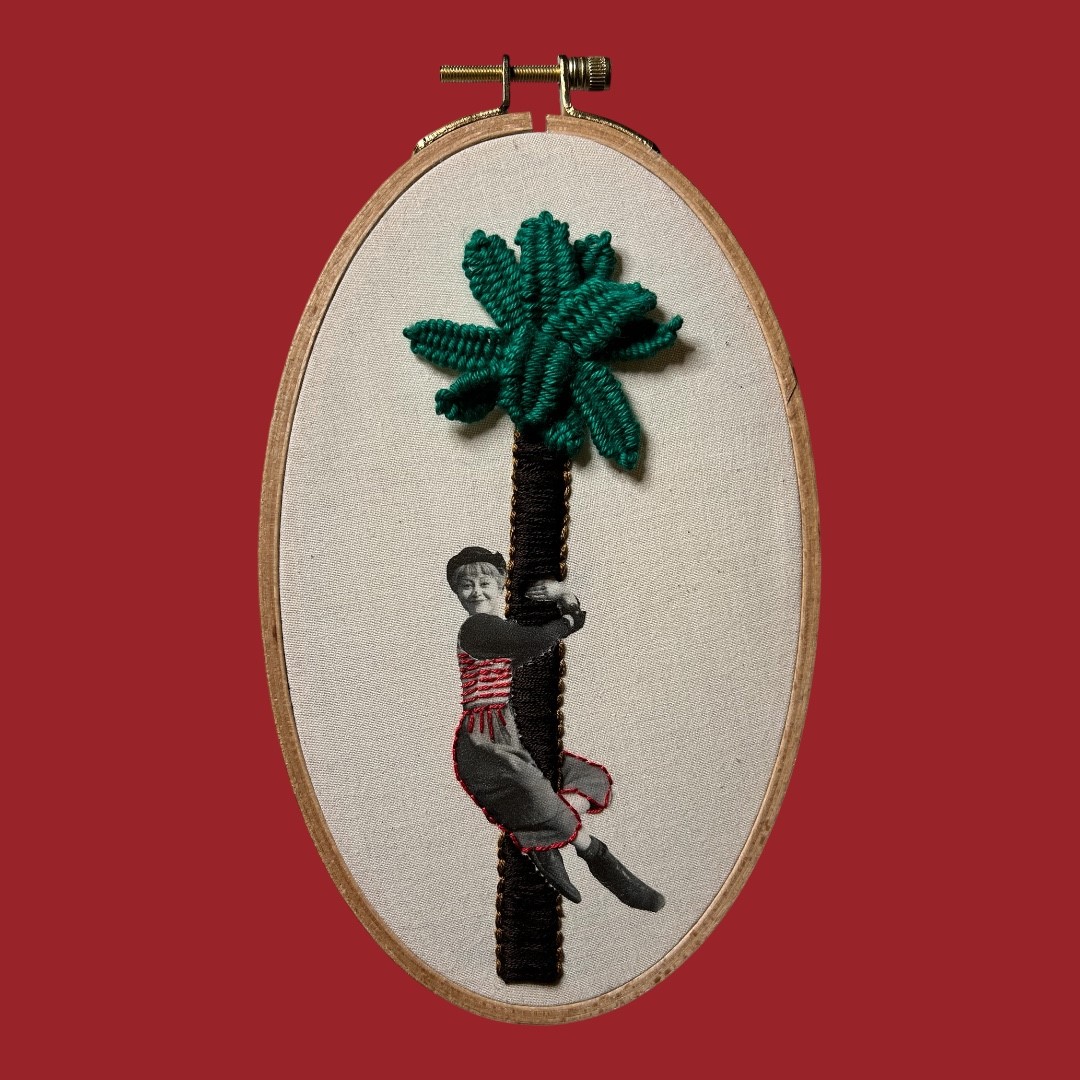 La Strada Surreal Palm Tree Embroidery Art – Vintage Photograph Mixed Media Textile | Handmade Fiber Art Wall Hanging - Image 5