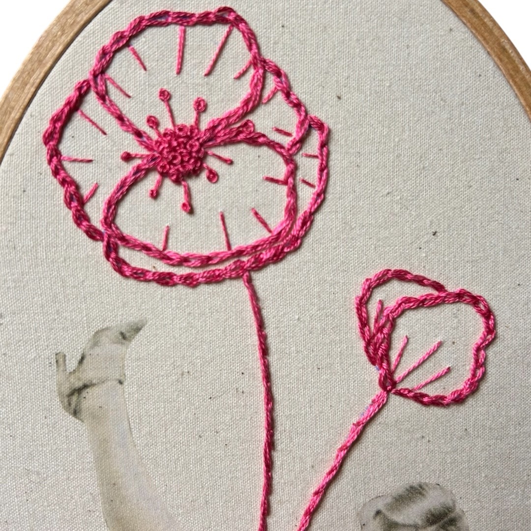 Mary Carlisle Surreal Floral Embroidery Art – Vintage Portrait Mixed Media Textile | Handmade Fiber Art Wall Hanging - Image 3