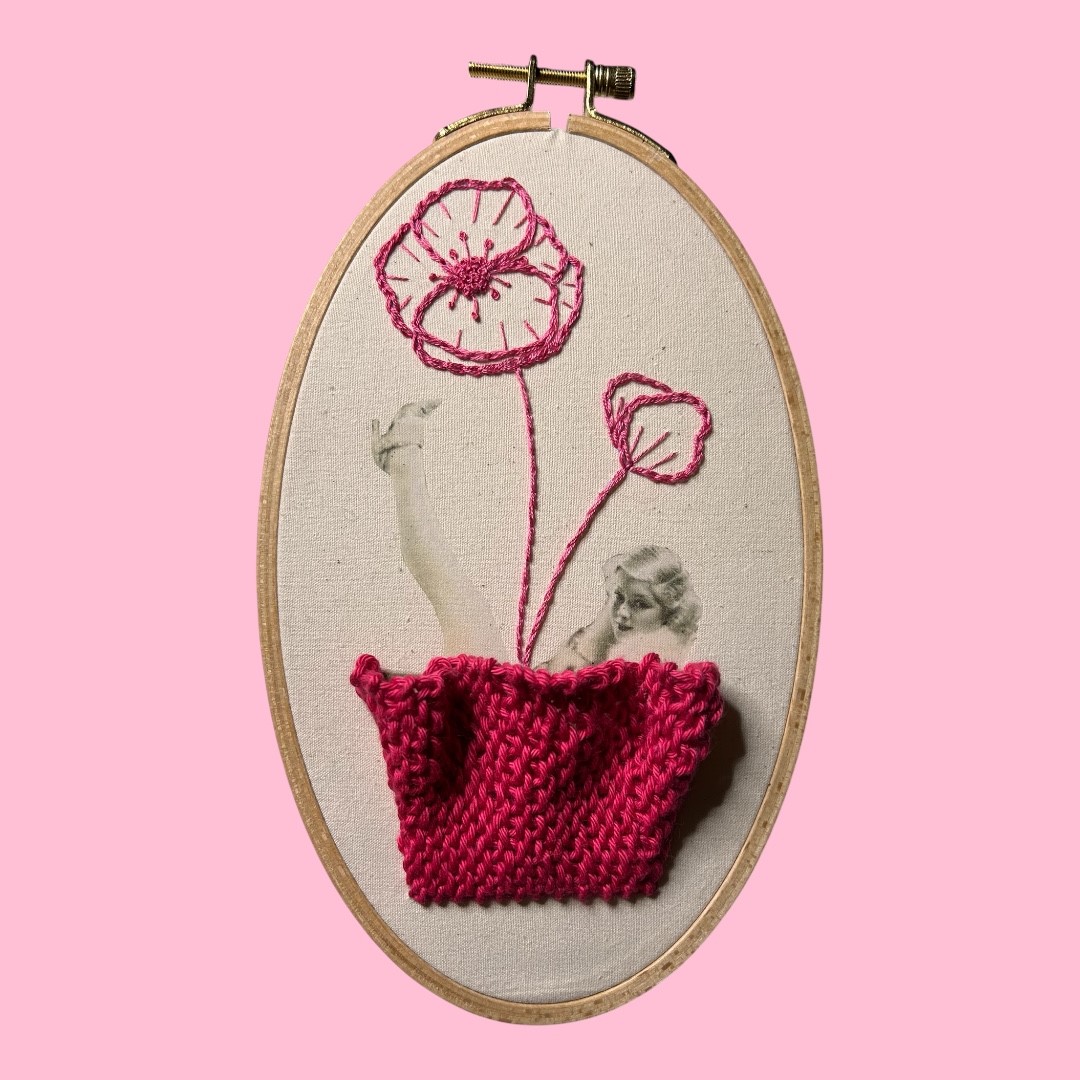 Mary Carlisle Surreal Floral Embroidery Art – Vintage Portrait Mixed Media Textile | Handmade Fiber Art Wall Hanging