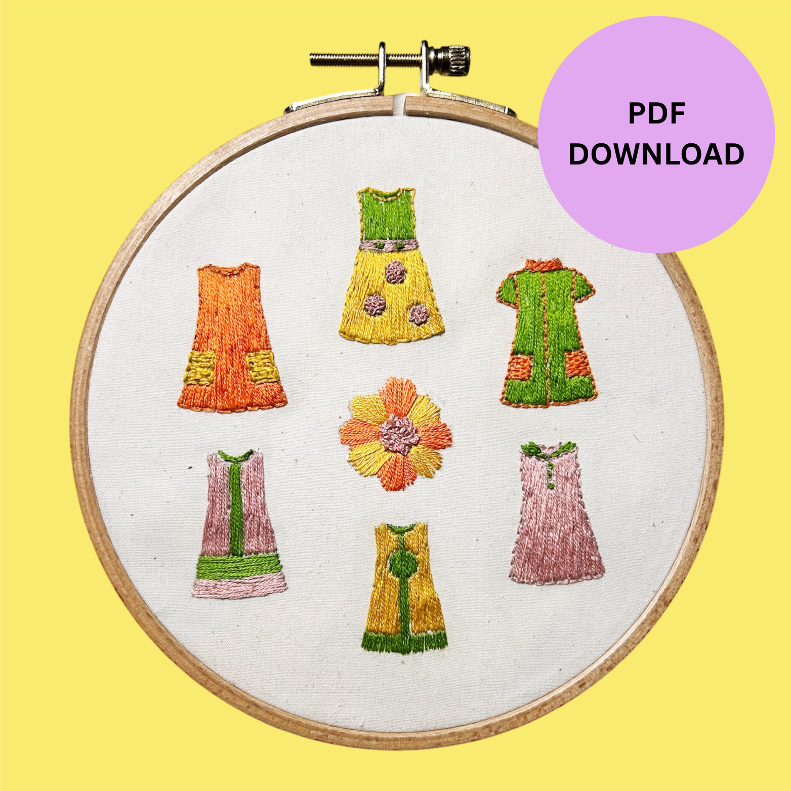 Colorful 1960s Mod Dress Embroidery Pattern | Beginner-Friendly Hand Embroidery Pattern | Instant Download
