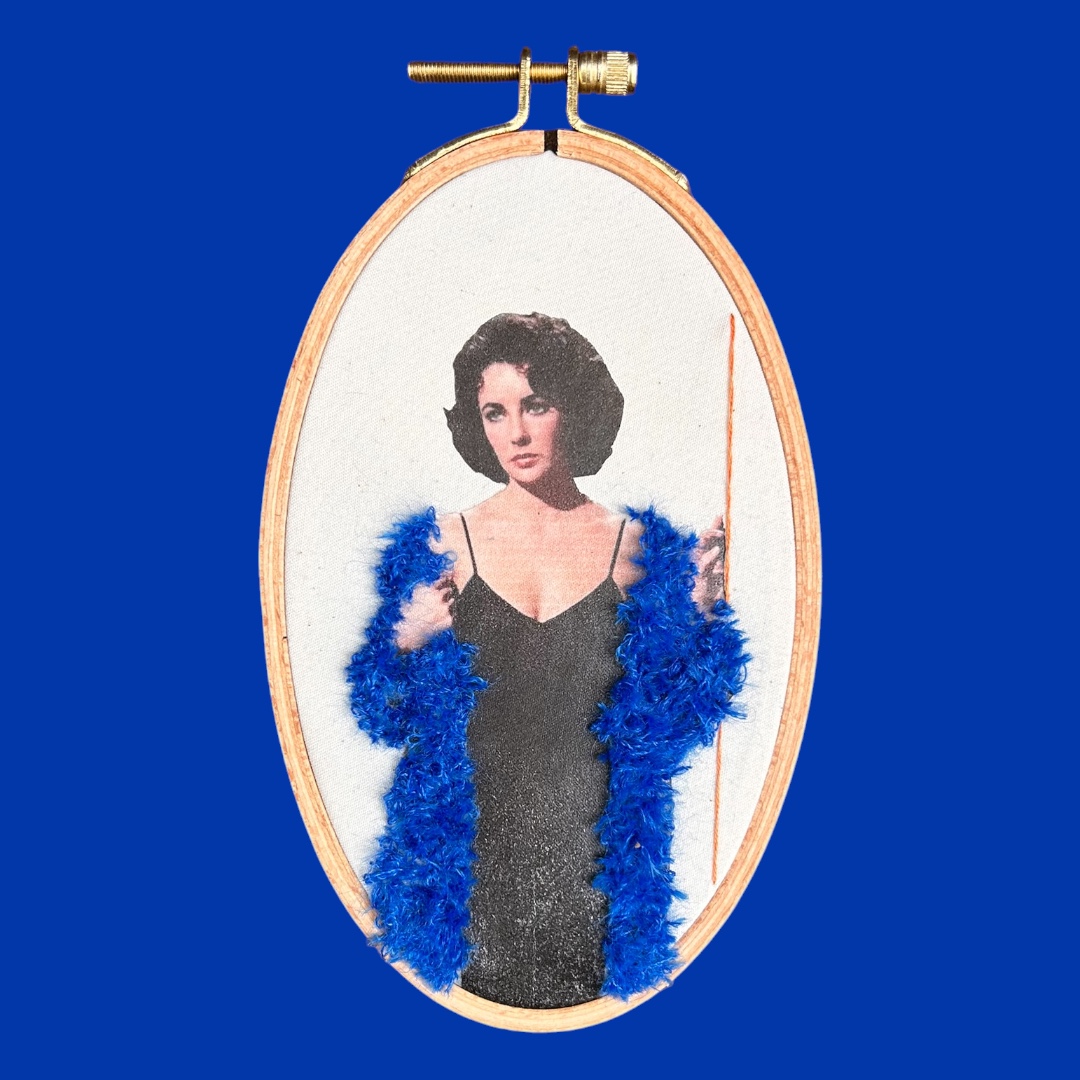 Elizabeth Taylor in Blue — Hand-Embroidered Old Hollywood Portrait